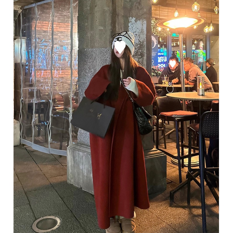 クリスマスシャツレッドウールコートジャケットウールミドル丈レディースゆったりスリムフィット7