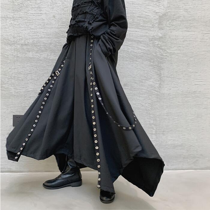 リベットベルトデザイン ワイドパンツ 袴パンツ ハトメデザイン メンズ ユニセックス 黒 ブラック 5,689円