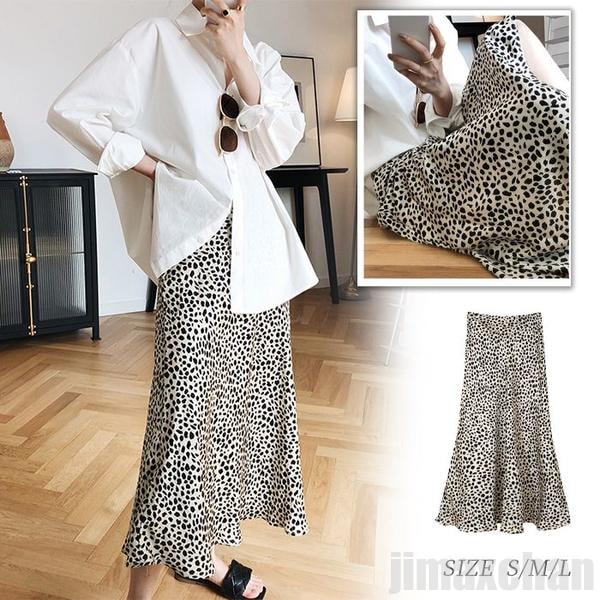 気楽 レディース ボトムス ヒョウ柄 スカート ロング レオパード ミモレ丈スカート ロングスカート Aライン バックウエスト ハイウエスト ウエストゴム フレアスカート Aライン