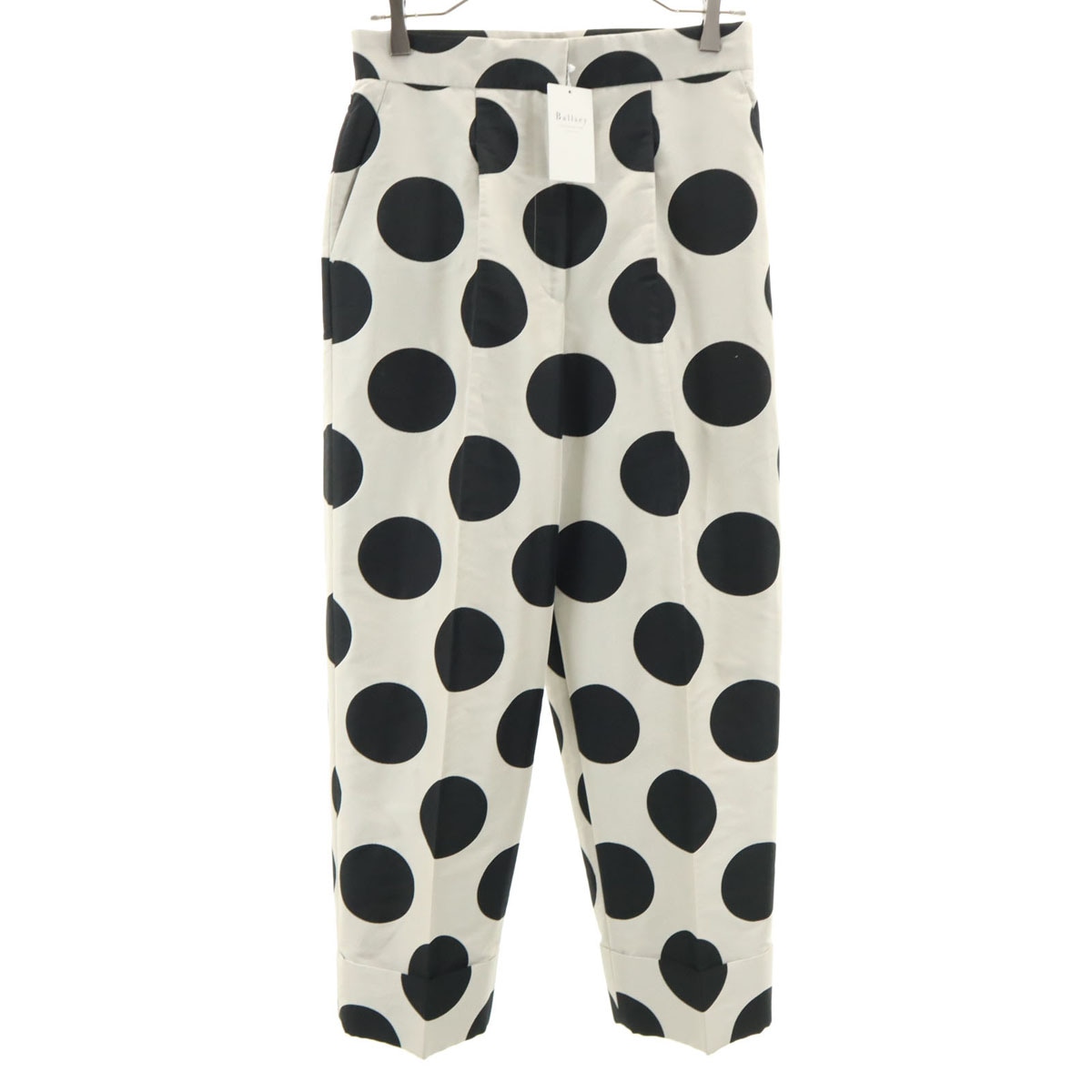 未使用 BALLSEY ボールジィ 日本製 ビッグドット柄 ハイウエスト ジャガード タック クロップドパンツ 36 ライトグレー 水玉 レディース 古着
