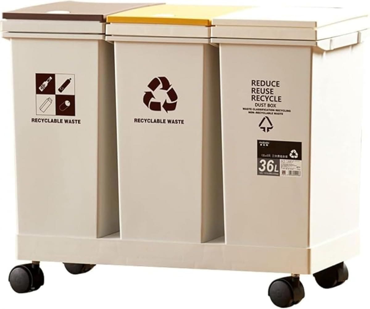 分类垃圾桶 分类垃圾箱 带盖子・脚轮 可拆卸 资源垃圾横型3分类推车 带盖子 3个一组 细长 耐脏 防水加工 颜色分类 密闭按压式 保持清洁 36L/60L 3个套装