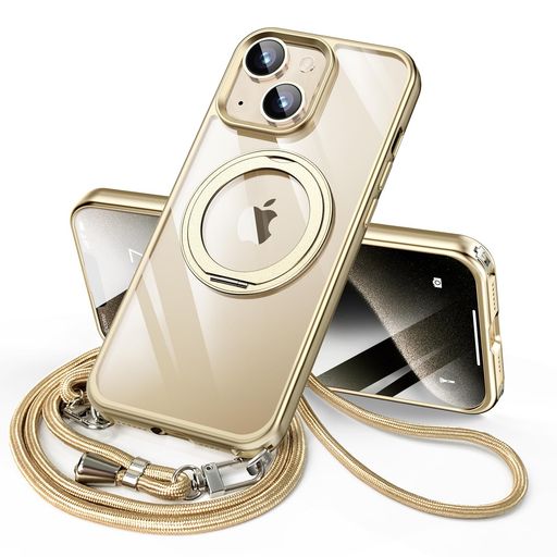 iPhone14 用 ケース ダブルリング付き ショルダー ストラップ付き 多機能360度回転スタンド MagSafe対応 ワイヤレス充電対応 耐衝撃 薄型 透明 PC + 軽量 シリコン TPUバン