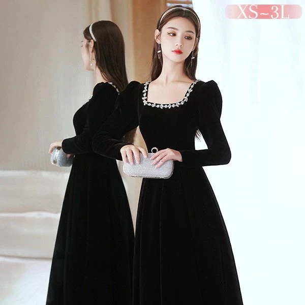 ラストチャンスドレス 大人 ピアノ 発表会 演奏会用ドレス ロングドレス 演奏会 イブニングドレス 結婚式 母親 ピアノ発表会 中学生 パーティードレス 発表会ドレス ミモレ丈 袖付き 黒 高校生 大