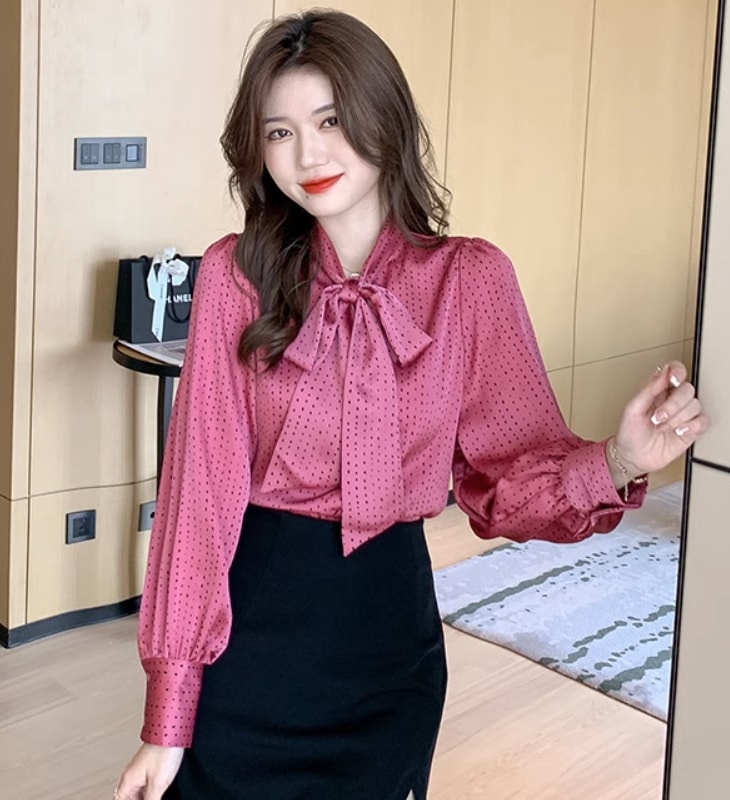 トップス デート モテアイテム シャツ タイ付き 長袖 ドット柄 シフォン 大人可愛い きれいめ 上品 おしゃれ かっこいい 大人可愛い ラブリー キュート ガーリー クール モード系 セクシー