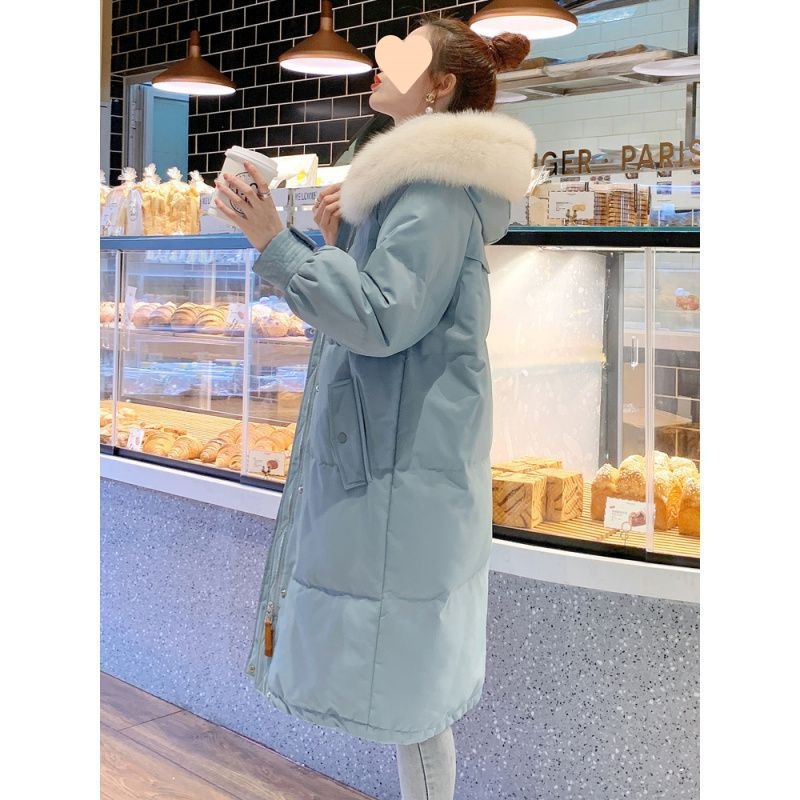 大毛襟ダウンジャケット女性連帽厚手中長長膝上白アヒル毛着着着着着着着痩せ見えコート 5,135円