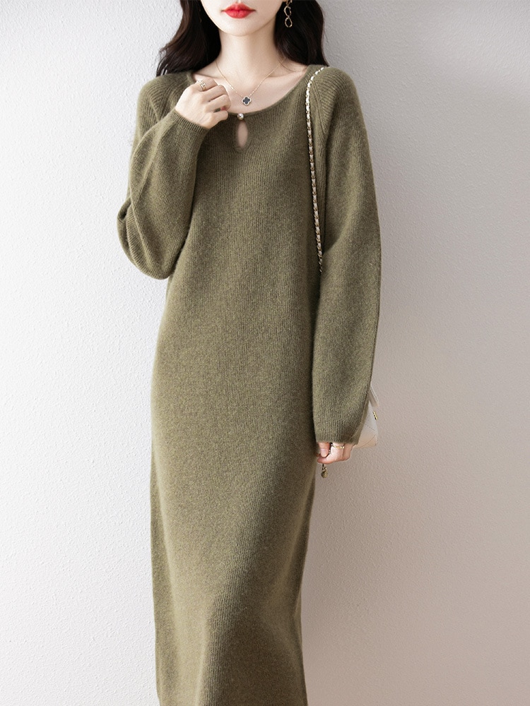 春物 ワンピース ウール カットソー セータースカート レディース ひざ上丈 ラウンドネック ハイウエスト シンプル ゆったり 通勤 外出 無地