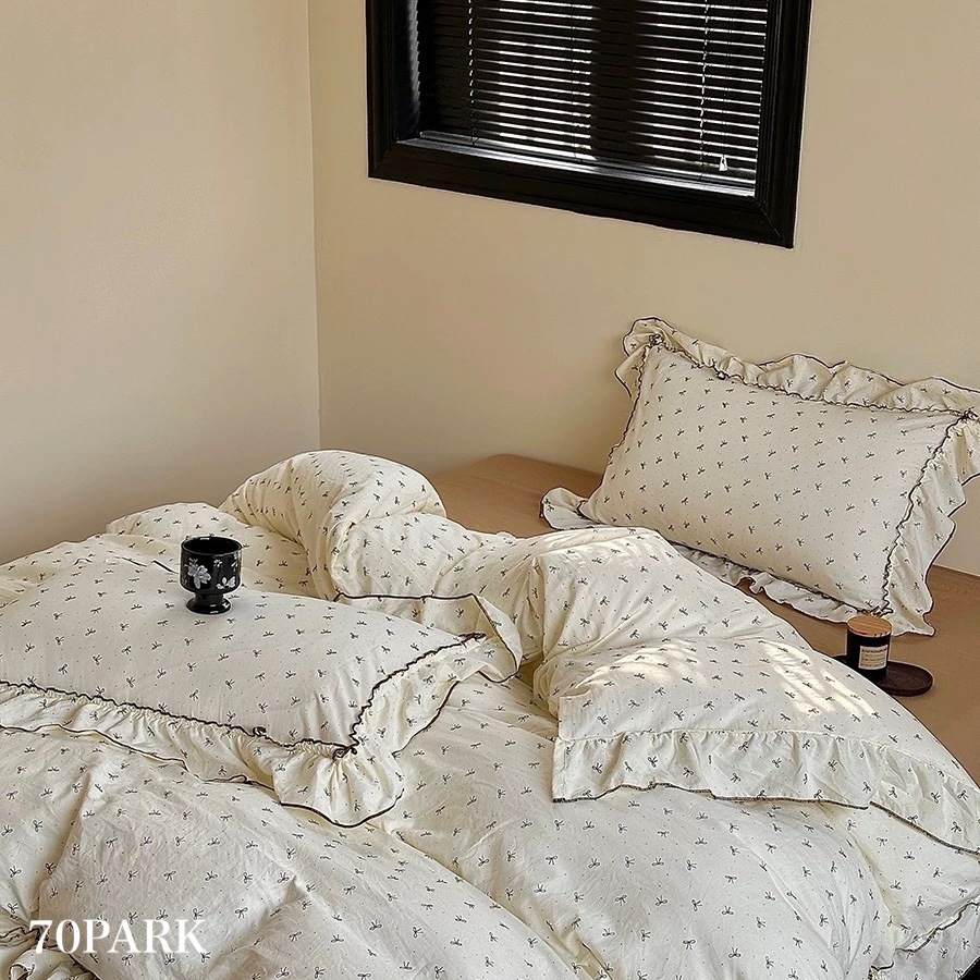 ミニ リボン柄 フリル ウォッシュドコットン 布団カバーセット 全2サイズ オールシーズン シングル ダブル クイーン ベッドリネン おしゃれ 韓国インテリア 70PARK