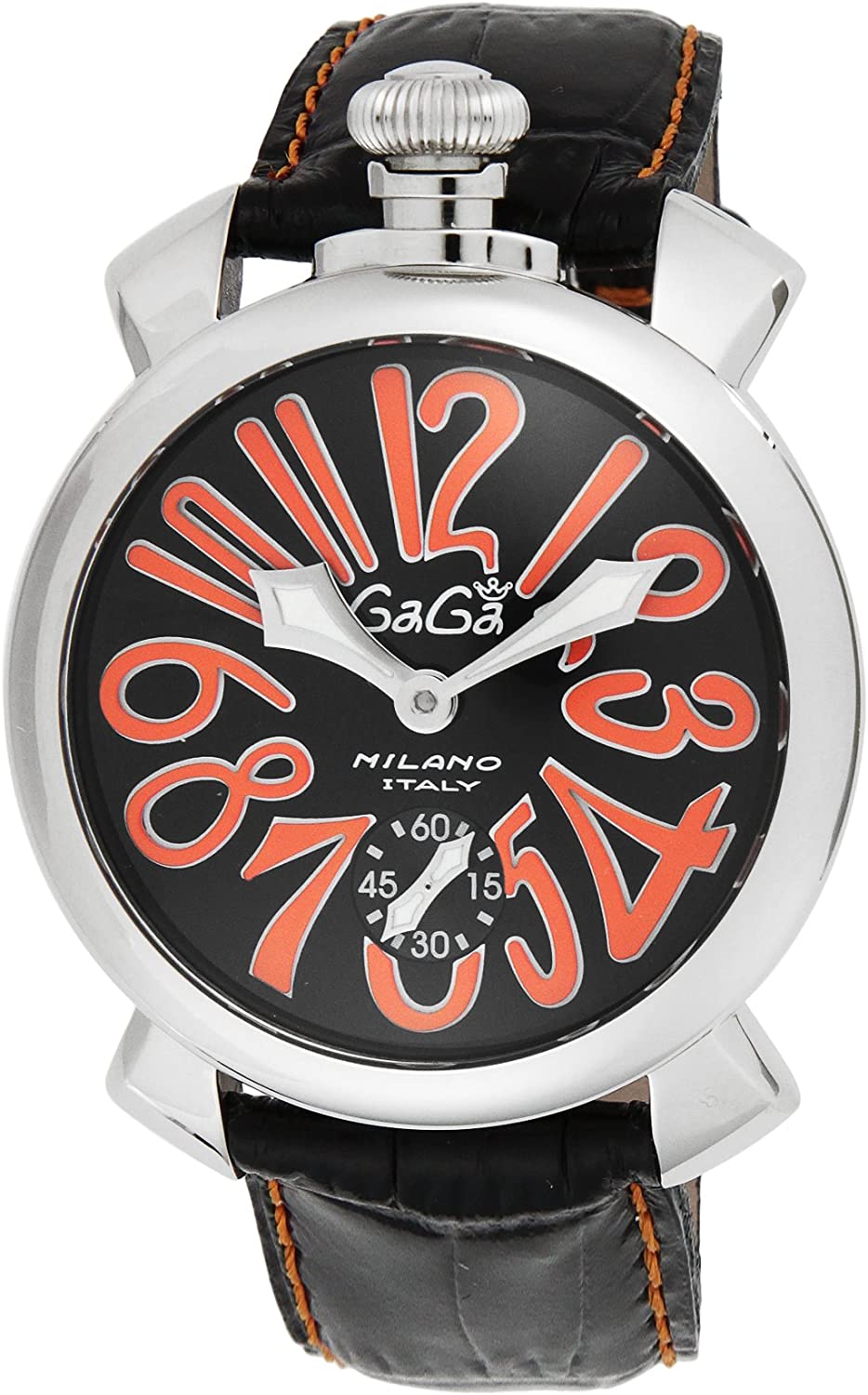 GAGA MILANO 5010-11S MANUALE 48MM ガガミラノ マヌアーレ 48 スイス製 ユニセックス 手巻き 腕時計 カーフレザー ステンレス ブラック/オレンジ/シルバー