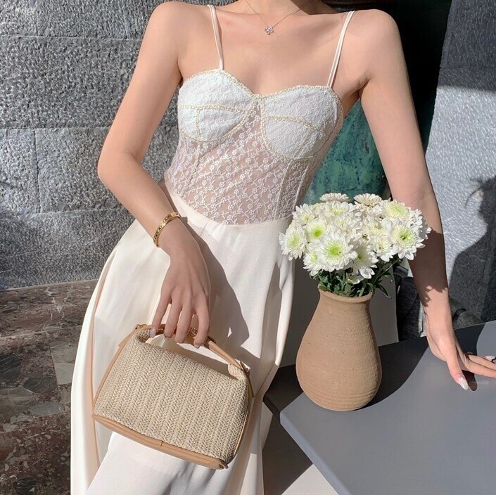 フラワー レース ビスチェ風 お呼ばれ フォーマル ホワイト きれいめ お姉 キャミワンピース