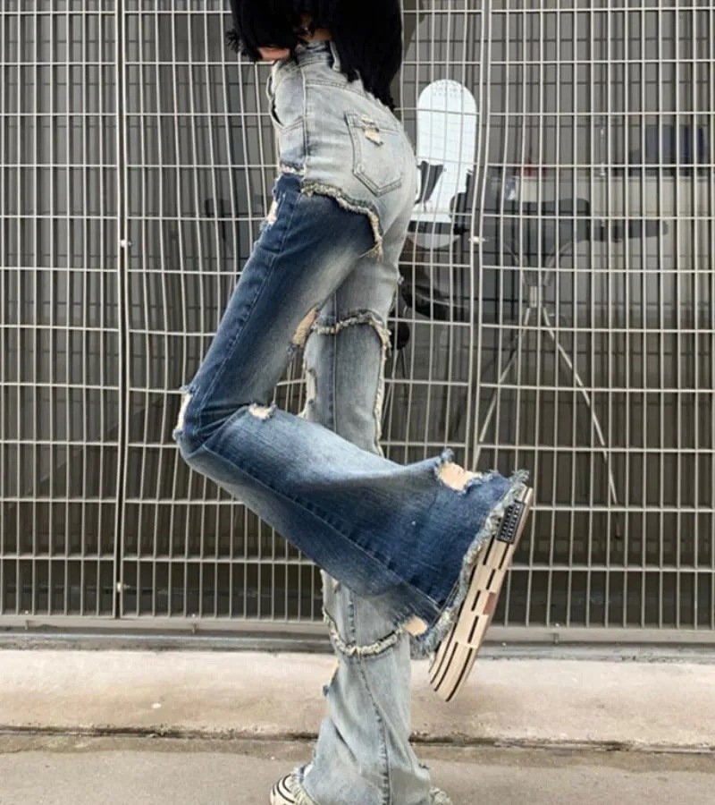 大人気！ 脚長魅せ ダメージ パッチワーク ブーツカット デニムパンツ ボトムス ジーパン フレアパンツ ジーンズ クラッシュ加工 韓国ストリート カジュアル ウォッシュ加工 切りっぱなし フレイド