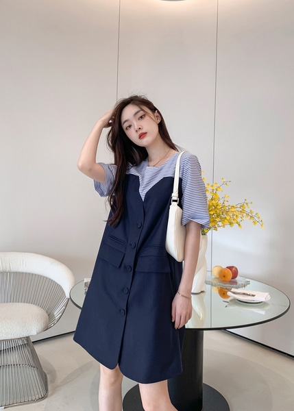 Lieerkiss Lieer ステッチ ストレート ルース フェイク 2 ピース