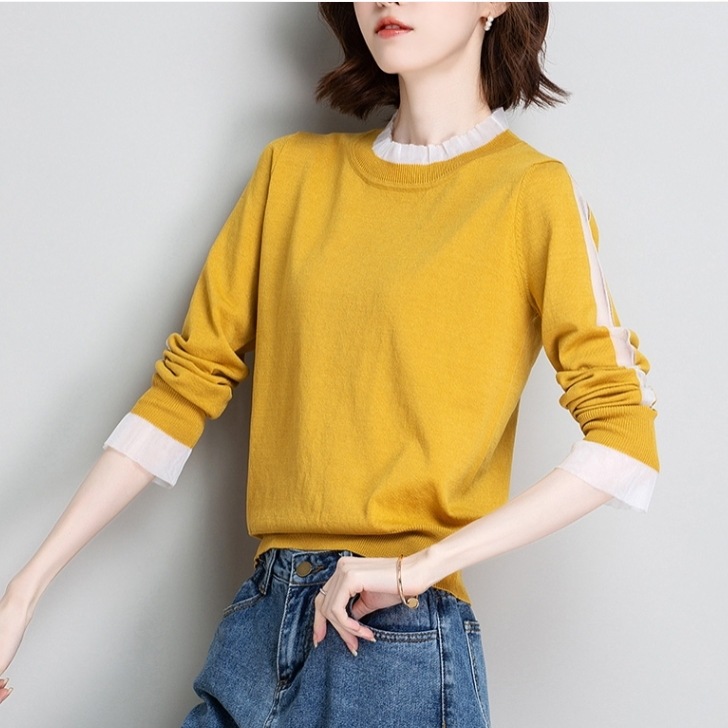 メッシュトップス フリル付きトップス カジュアルニットセーター 甘口コーデトップス トップス ニットソー セーター プルオーバー 白シャツ 白トップス 袖あり 長袖 萌袖 Uネック ラウンドネック