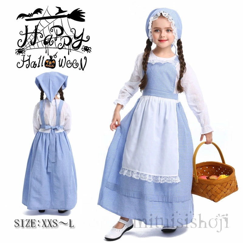 ハロウィーン 衣装 子供用 キッズ 女の子 農場 新劇服 ワンピース コスチューム 田園風ドレス 3点セット 仮装 童話 タキシード イブニング メイド服 キッズ ハロウィンコスプレ Hallowee