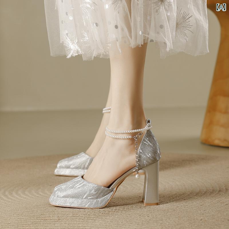 【今季トレンド】ヒール レディース パンプス 美脚 フランス メリージェーン 婦人靴 防水 靴 ハイヒール シルバー 太ヒール 歩きやい チャンキー ブライズメイド メイン ウェディングドレス シュー