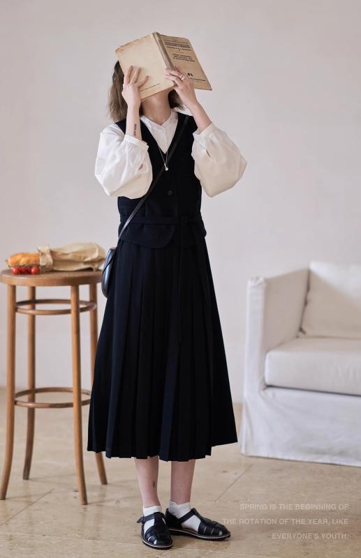 オーバーオール スカート レディース 春 Vネック 重ね着 隠しボタン 着脱可能 ツーピース ベスト Aライン ロング 柔らかい 耐久性 プリーツ 黒 14,483円