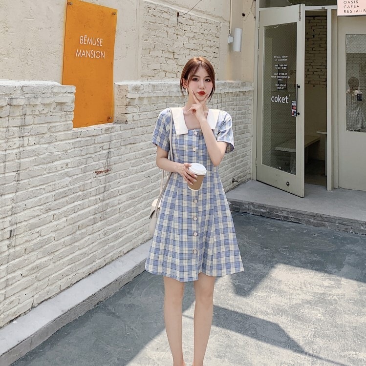 チェック柄ワンピース ブルー イエロー ワンピース スリム 細身 ストレート スマート かわいい 5,380円