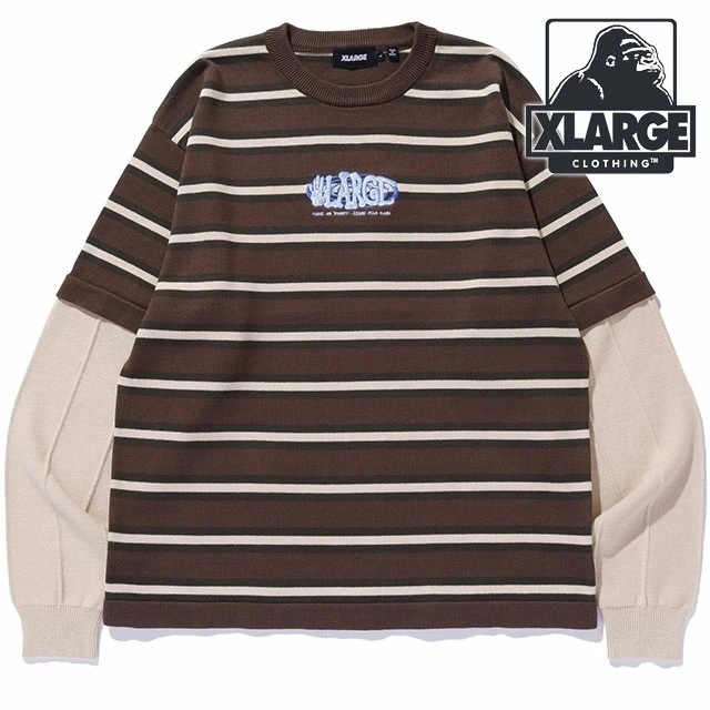 レイヤード クルーネック ニット [101251015004] LAYERED CREWNECK KNIT メンズ トップス 重ね着 ボーダー BROWN