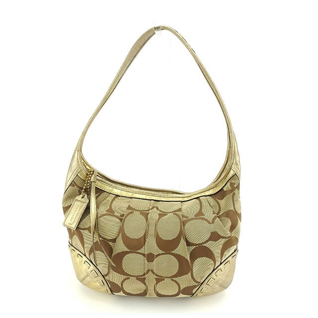 ショルダーバッグ ワンショルダー シグネチャー ベージュ ブラウン ゴールド 中古