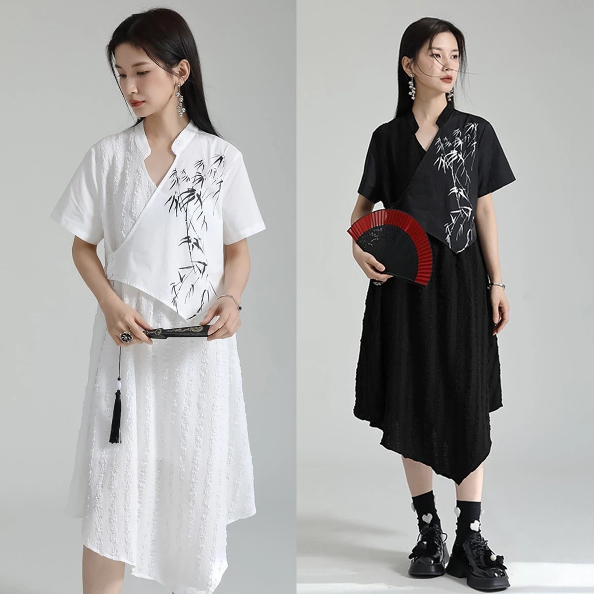 竹柄ワンピース 夏新品 レディース Tシャツワンピース 不規則裾 ドッキング 中華風 ロングワンピース チャイナドレス