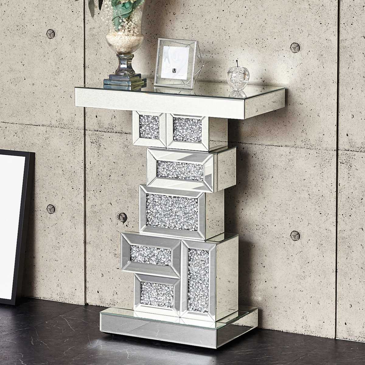 ミラーコンソールテーブル 高さ80cm 玄関 ガラス サイドテーブル コンソールデスク ミラー コンソールテーブル アジャスター付き 花台 エントランス 飾り 棚 台 机 木製 デザインガラス