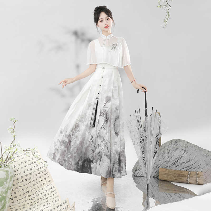 正規品水墨寒江新韓国ワンピースストールセット改改馬スカート女