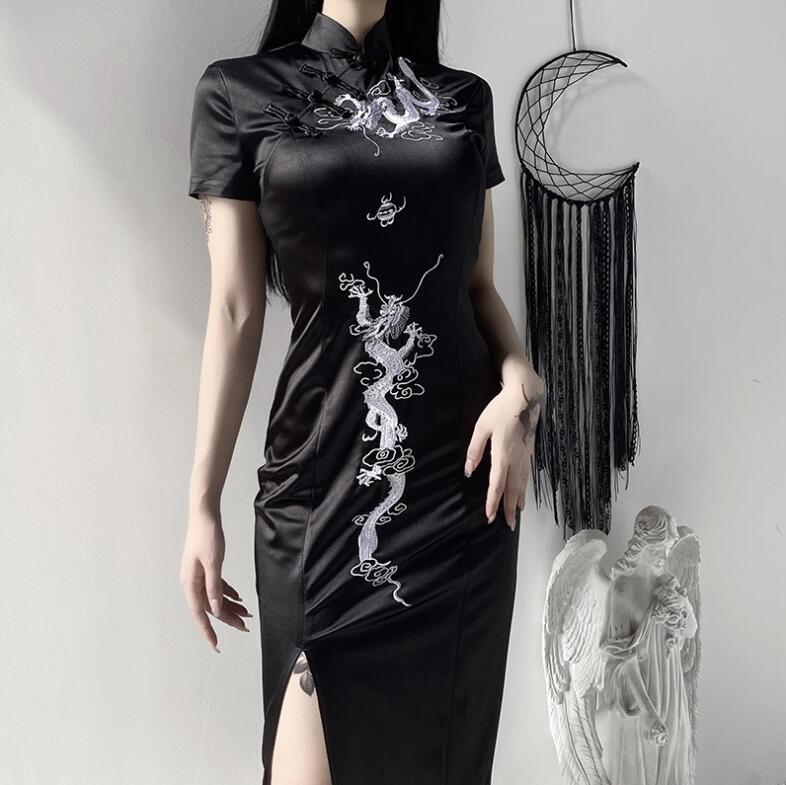 ロング丈チャイナドレス レディースワンピース 半袖チャイナドレス 刺繍柄 スリット セクシーワンピース ダンス衣装 ゴシック風 原宿系 ジャズダンス衣装 個性的 中華風 細見え ハロウィンパーティー
