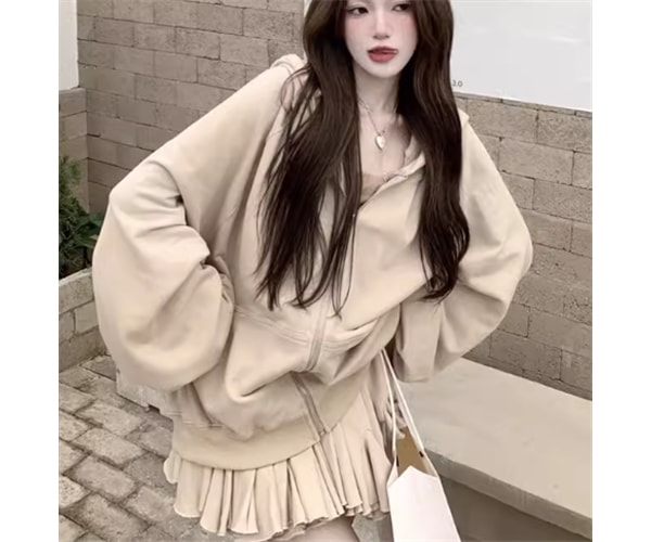 レディース トップス パーカー 羽織 前開き ショート 長袖 ボリューム袖 バルーン袖 ランタンスリーブ ファスナー ポケット フード スウェット かわいい 大人可愛い シンプル カジュアル おしゃれ