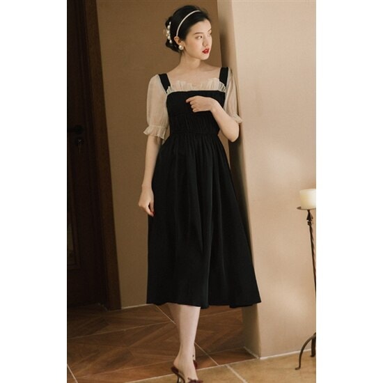 【取寄：納期2週間】演奏会ドレス ロングドレス 大きいサイズ XL 半袖 シフォン Aラインスカート パフ袖 ロングスカート フェミニン レトロ きれいめ お呼ばれ 無地 フレアスカート フリル