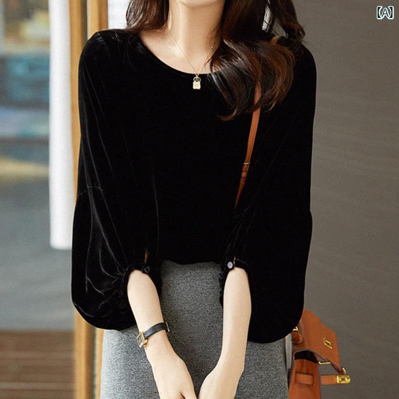 ベロア トップス レディース 春秋 七分丈 ラウンドネック 韓国 ファッション おしゃれ 大きいサイズ ブラック