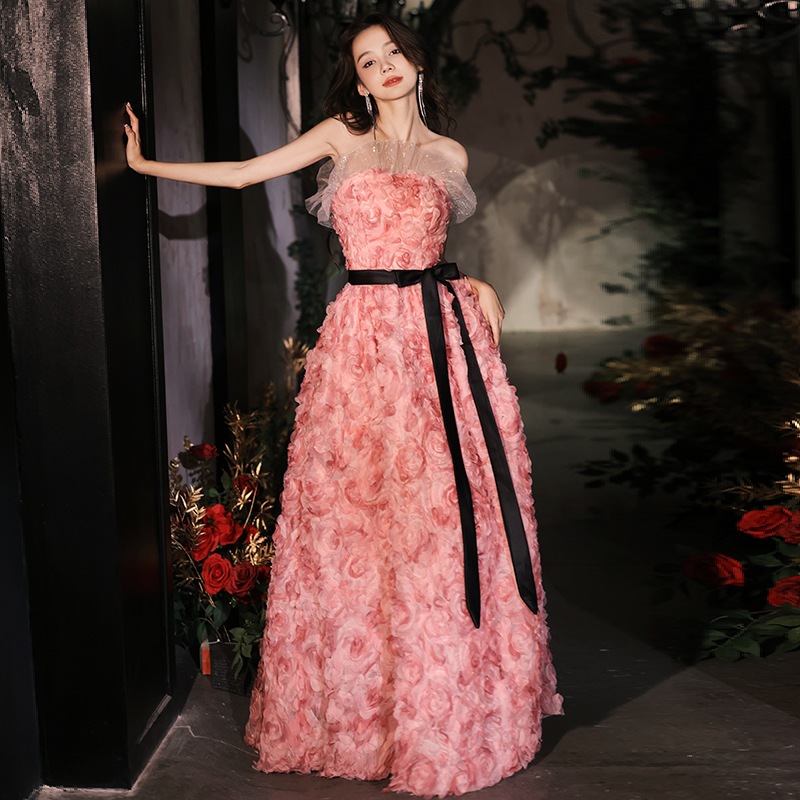 ピンク ホルターネック 立体フラワー イブニングドレス 新婦 ウェディング