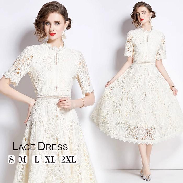 レースワンピース シースルー ミディ丈 ドレス aライン 大きいサイズ フォーマル アイボリー ママ 発表会ドレス30代 40代 50代 夏ワンピ オシャレ 韓国風