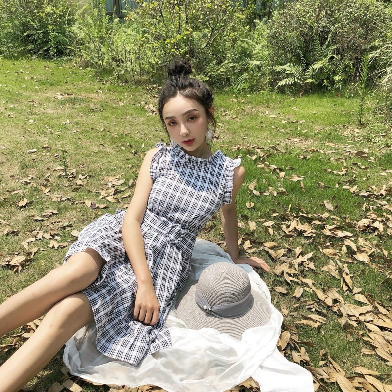 1663.チェック柄ノースリーブワンピース（ブラック）2019 春夏 sale 女子会 通学 デート お呼ばれ shopping カフェ レストラン