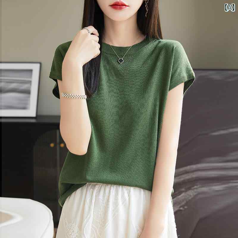レディース ファッション トップス シンプル おしゃれ レディース ファッション トップス 夏 ラウンドネック ウール ニット 半袖 無地 半袖 Tシャツプルオーバー