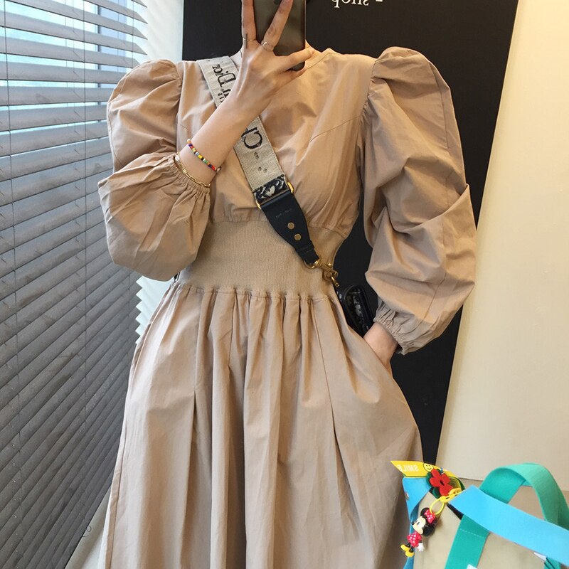 2色 ワンピース 長袖 春 秋 きれいめ カジュアル かわいい ロング aライン Aライン フレア フレアスカート 膝下 ミディアム丈 ミドル丈 ボリューム袖 ボリュームスリーブ パフスリーブ Uネッ