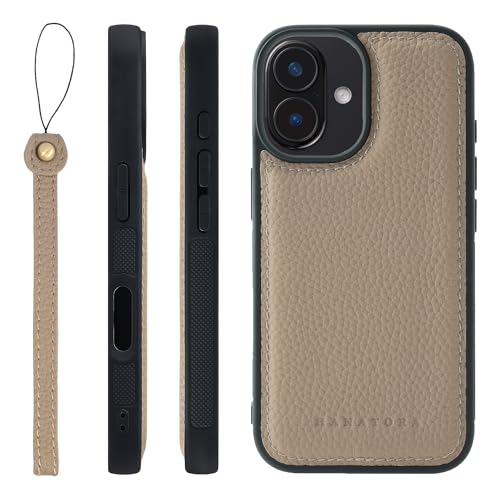iPhone16 本革耐衝撃バンパーケース ストラップ付き グレージュ