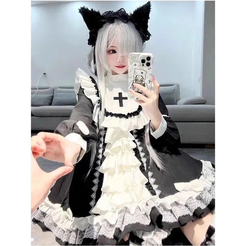 ゴシックシスター風ロリータワンピースロリータ甘くクールポンポンクリスマスプリンセススカートモノクロ&ブルーホワイト アイドル衣装 ロリータ