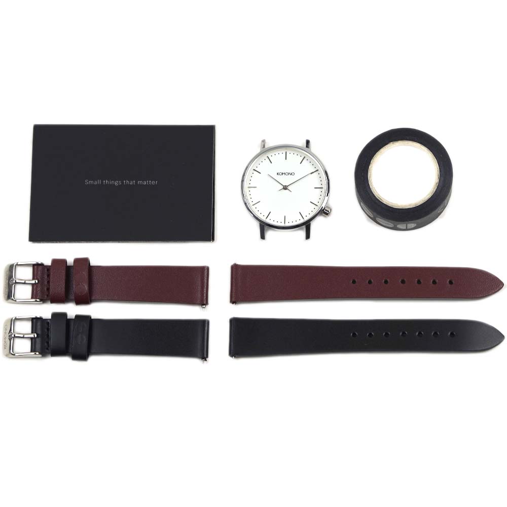 KOMONO コモノ 腕時計 メンズ レディース ユニセックス 替えベルトセット ハーロウ シルバーケース バーガンディーレザーベルト/ブラックレザーベルト KOM-W4144