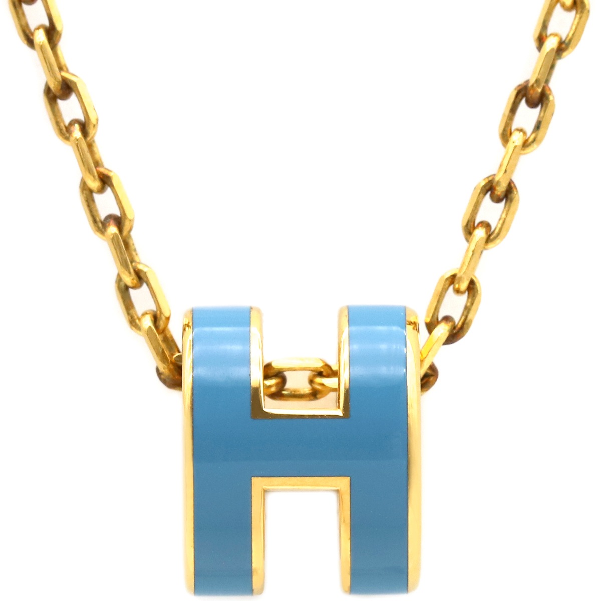 エルメス ネックレス ポップアッシュ ミニ ペンダント GP ラッカー ブルーXゴールド ゴールド金具 青 Hモチーフ　 【箱】【中古】