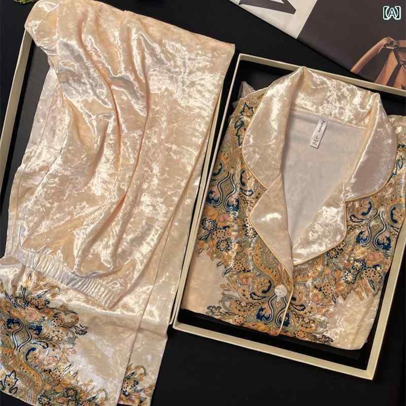 シルク　パジャマ　レディース シルク 桑 絹 軽い 高級 レトロ 民族 風 プリント ギフト ボックス パジャマ 女性 春秋 夏 ホーム 服 セット