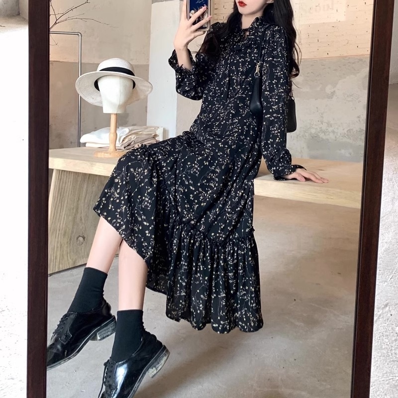 レディース ドレス パーティードレス ワンピース ミドル丈 ミディアム丈 フリル ギャザー 上品 大人かわいい キュート 体型カバー 長袖 ブラック 黒 結婚式 ２次会 お呼ばれ 5,016円