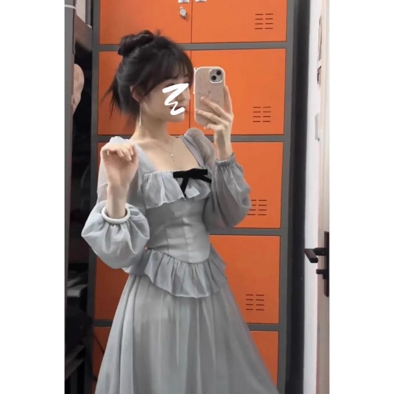 レトロなスクエアネックの妖精ロングドレス新しい春のデザイン女性のための優しいスタイルの長袖ドレス 4,820円