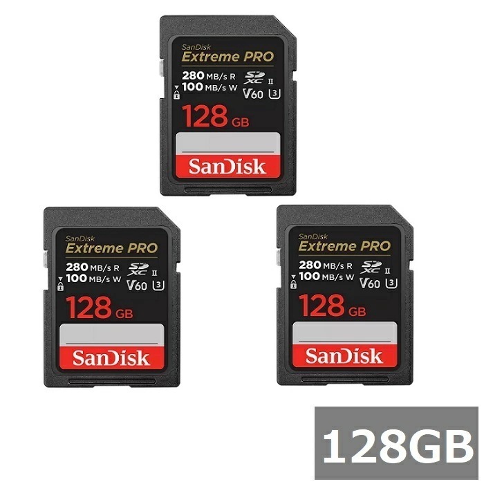 【3セット】 サンディスク SDカード SDXC SDSDXEP-128G-GN4IN Extreme PRO 128GB Sandisk SDXCカード V60 SD UHS-II カメラ