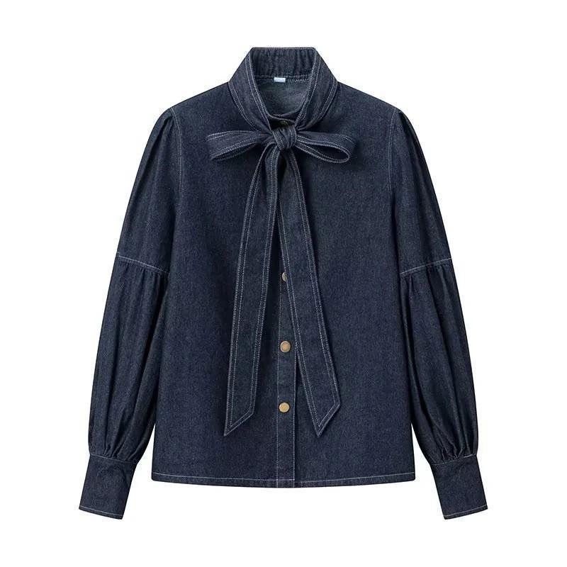 ブラウス レディース トップス シャツ デニム 立ち襟 フリル リボン ボウタイ 長袖 春 春服