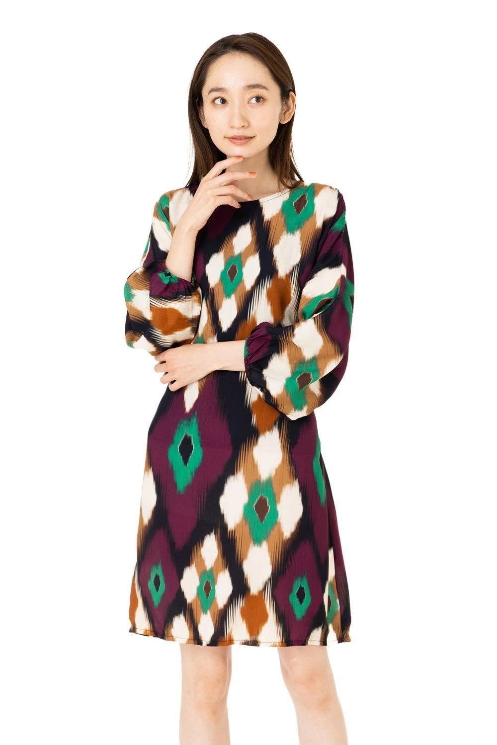 ファス(FAS)ワンピース TUサイズ 長袖 膝丈 総柄 ラウンドネック Aライン きれいめワンピース レディース FilleASuivre