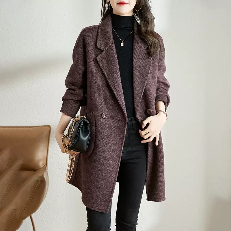 【限定SALE!!】ツイードコート女2025秋冬新韓版気質厚手ミディアム ヘリンボーンラシャコートパーカー・ブレザーネックコート・ツイードコート