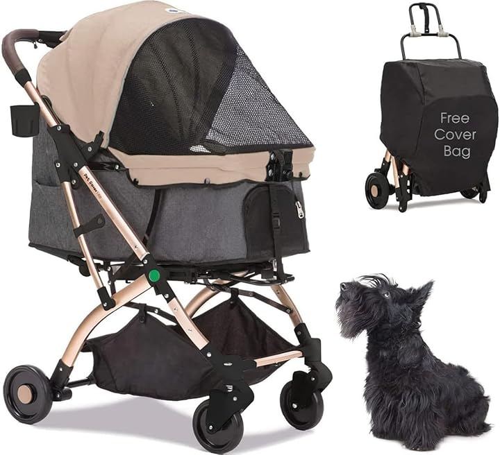 ペットカート 犬 バギー 4輪 犬用かーと 小型犬 中型犬 猫 多頭 ペットキャリーカート ワンタッチ折り畳み コンパクト収納 自立式 ペットバギー 犬介護用 (ベージュ(G131))
