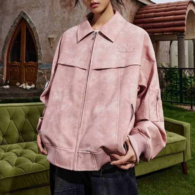 ジャケット アウター 上着 レディース ライダースジャケット レザージャケット 長袖 ドロップショルダー 襟付き 角襟 ワイド ストレート ストリート ファスナー ポケット 前開き ヴィンテージ