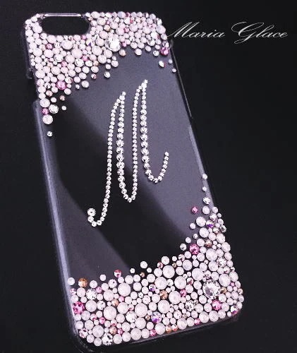 iPhone13 ケース デコ キラキラ イニシャル＆キラキラホワイトオパールMIX デコスマホケース スマホカバー クリア かわいい 軽量 ハードケース 透明 シンプル