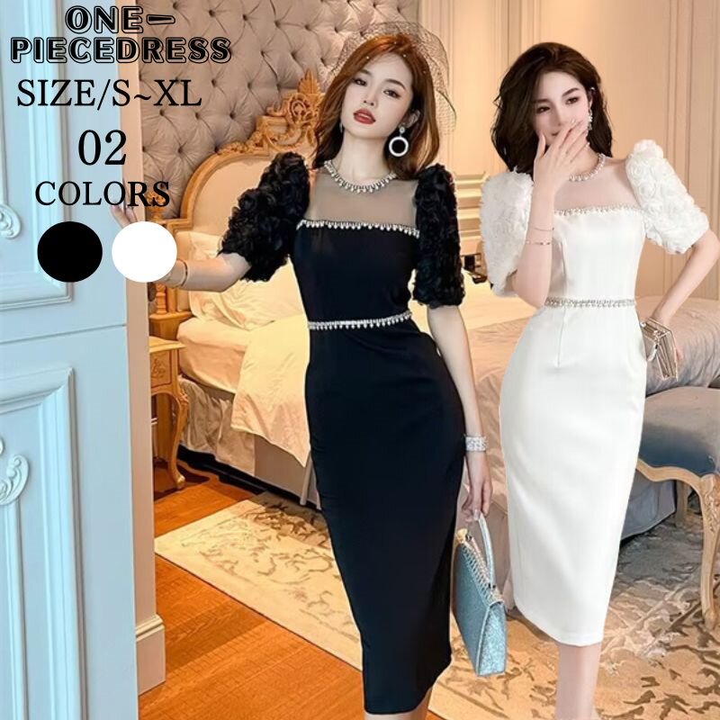 ワンピスドレス　スパンコール　タイトワンピース　パーティードレス　ナイトドレス　パフスリーブ　姫系　セクシー上品 大人 きれいめ キャバ嬢　お水　結婚式 20代 30代 40代 黒　白　韓国 レディー