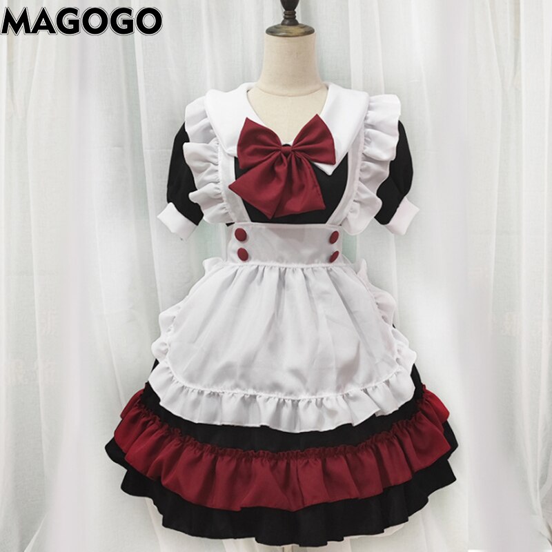 女性メイド服ロリータドレスかわいい黒赤白コスプレ弓甘い和服サイズS-XL